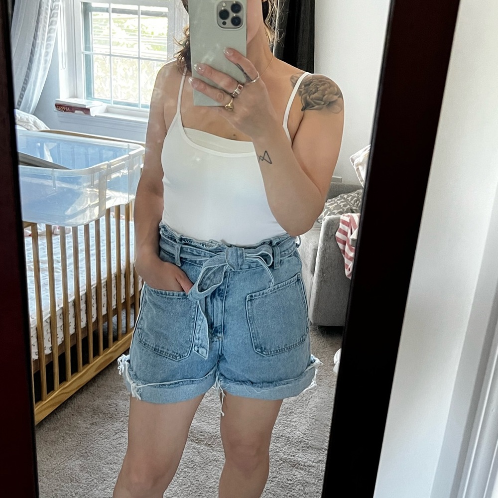 Zara | High Waisted Paper Bag Style Denim Shorts